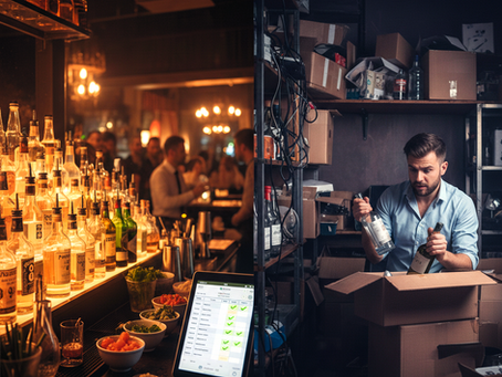 Split-screen image showing a busy, well-stocked cocktail bar on the left with a digital inventory tablet in the foreground, and a bar manager in a storage room on the right checking bottle stock levels against a cardboard box. Concepts of inventory management and PAR levels."