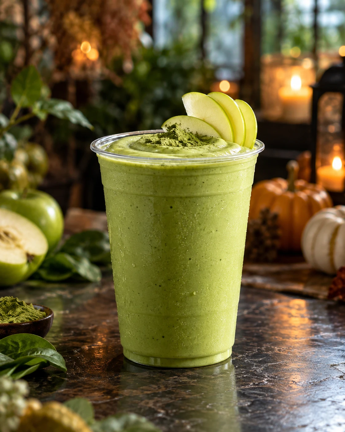 Green Goblin apple and matcha smoothie with a fresh apple garnish, developed for the Kuttley House seasonal beverage menu.