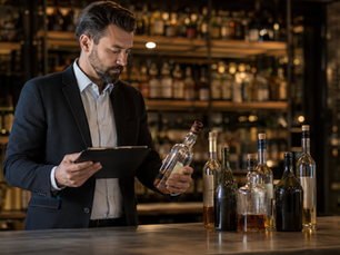 Bar manager reviewing slow-moving liquor bottles with a tablet to identify dead stock and improve bar inventory profitability.