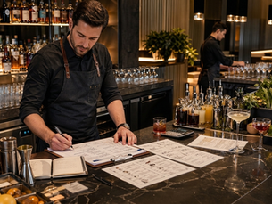 Bartender planning a cocktail bar program before opening.