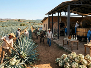 A detailed documentary-style panoramic photograph capturing the entire traditional tequila-making process in Jalisco, Mexico, from harvesting to production