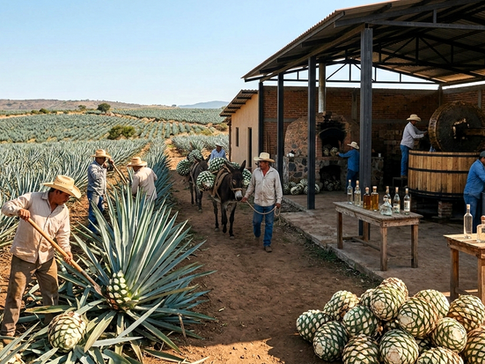 A detailed documentary-style panoramic photograph capturing the entire traditional tequila-making process in Jalisco, Mexico, from harvesting to production