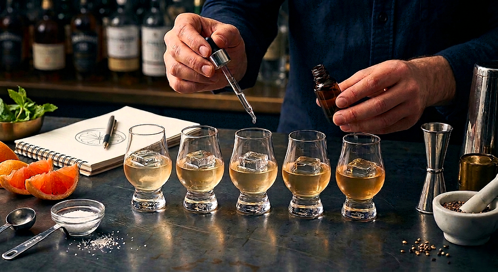 Bartender using a dropper to test cocktail variations in tasting glasses, with citrus, tools, and a recipe sketch on the bar.