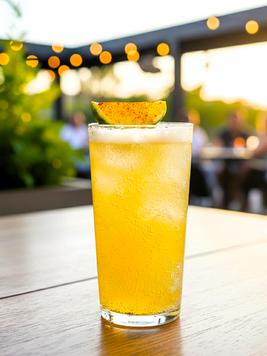 A chilled golden sparkling cocktail in a tall highball glass, topped with a lime wedge dusted with chili, served on an outdoor table at sunset with warm bokeh lights in the background.