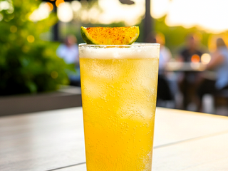 A chilled golden sparkling cocktail in a tall highball glass, topped with a lime wedge dusted with chili, served on an outdoor table at sunset with warm bokeh lights in the background.