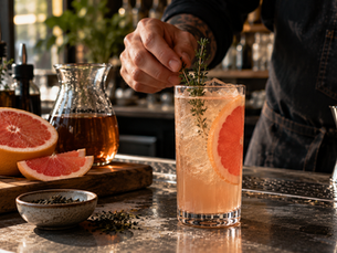 Bartender topping a tea-based mocktail with sparkling water, with grapefruit, mint and a tea carafe on the bar.