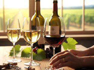 A close-up, warm-toned photograph of a wine tasting setting on a wooden table overlooking a sunny vineyard. In the foreground, a person's hands rest on the table, with one hand gently holding the base of a large glass of red wine. Next to it are two glasses of white wine, a corkscrew, a wine stopper, and a cluster of purple grapes with green leaves. Two wine bottles stand behind the glasses, with a large window in the background revealing a blurred view of rolling vineyard rows under a bright sky.