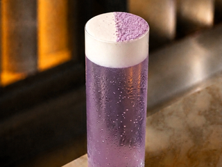 Sparkling Ube Alles shochu highball with coconut foam and ube powder