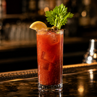 An elegant Bloody Mary in a tall highball glass on a dark wood bar, garnished with a single short celery stalk and a thin lemon wheel.