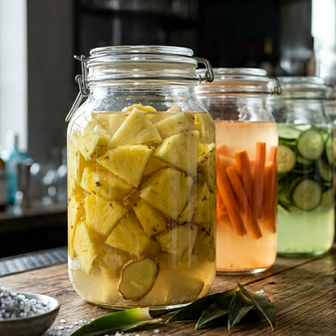 A row of glass fermentation jars containing pineapple, carrots, and cucumbers on a wooden bar counter.