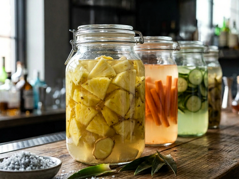 A row of glass fermentation jars containing pineapple, carrots, and cucumbers on a wooden bar counter.