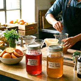 A bartender stirring a mixture at a wooden counter filled with fresh ingredients for making shrubs. The scene includes bowls of raspberries and citrus, bottles of premium vinegar, and two large mason jars labeled 'Raspberry Shrub' and 'Citrus Spice Shrub