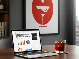 A silver laptop on a dark wooden desk displaying "The Double Strainer - 2025 Annual Recap & Results" with various colorful data charts and analytics. Next to the laptop sits a classic rocks glass containing a dark amber cocktail with a large clear ice cube and an orange twist garnish, while a large red circular logo of "The Double Strainer" is displayed in the background.