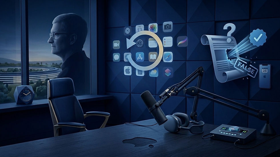 Microfone, logo da Apple estilizado, ícones, AirPods Max, Tim Cook, Fake News, Apple Park etc.