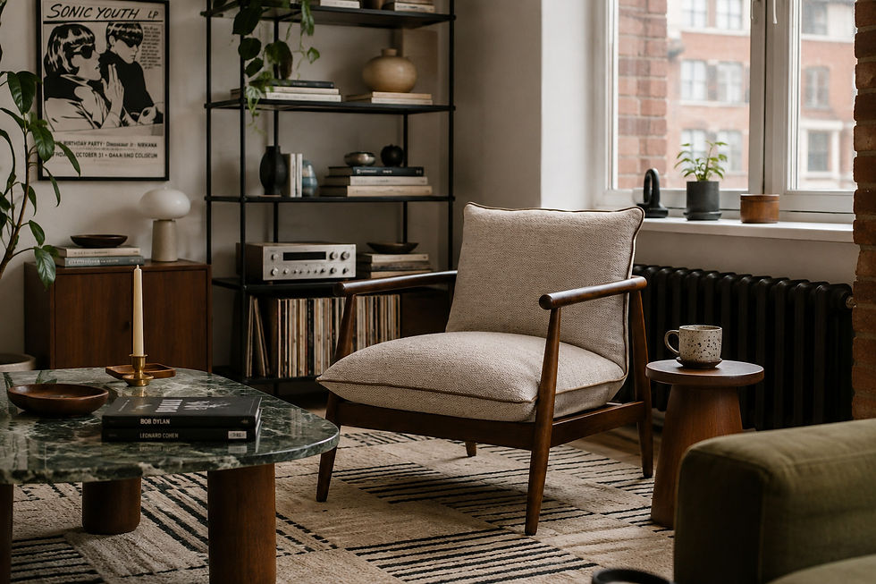 Jennie Armchair – lifestyle scene in East London warehouse apartment with exposed brick wall