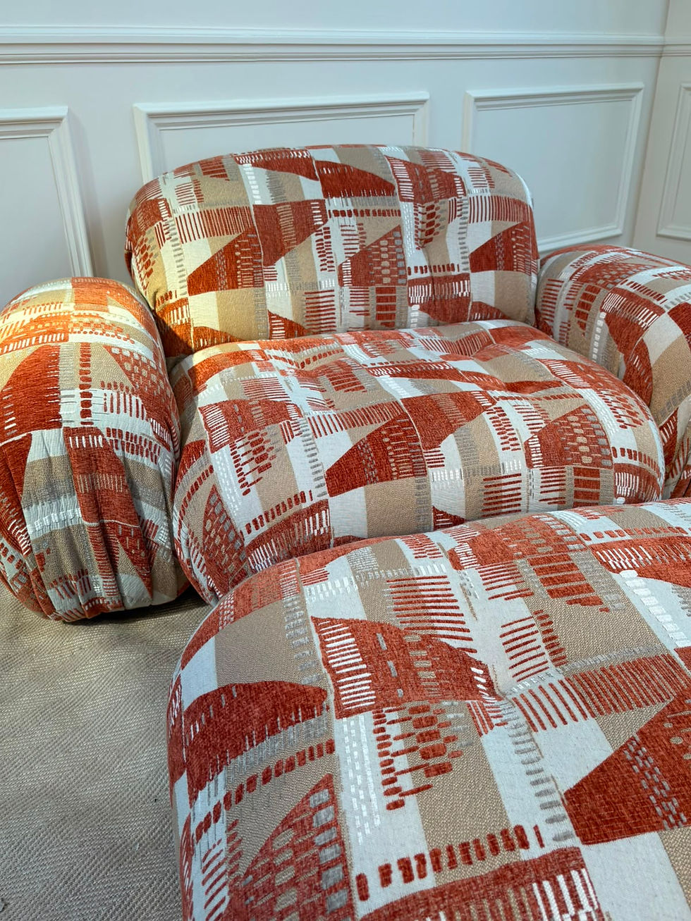 Thumbnail: Terrocotta Ikat ottoman and armchair