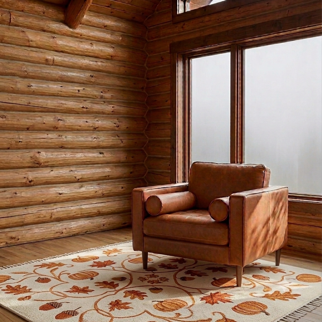 The mercer armchair, cognac leather against a translucent window in a cabin living room