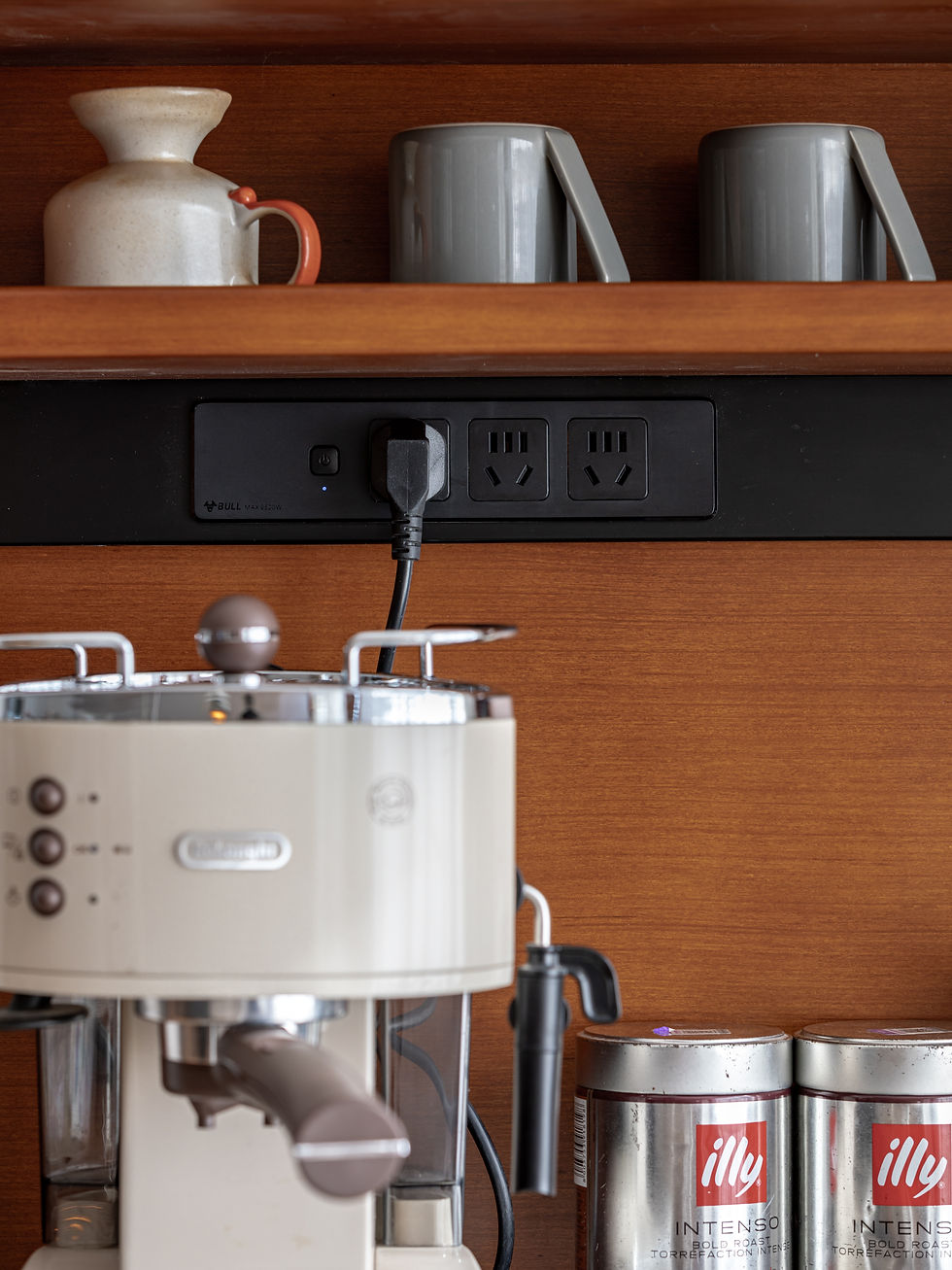 Thumbnail: Nara Hutch Sideboard Coffee Station Blue – open appliance bay with coffee machine, kettle and appliances inside