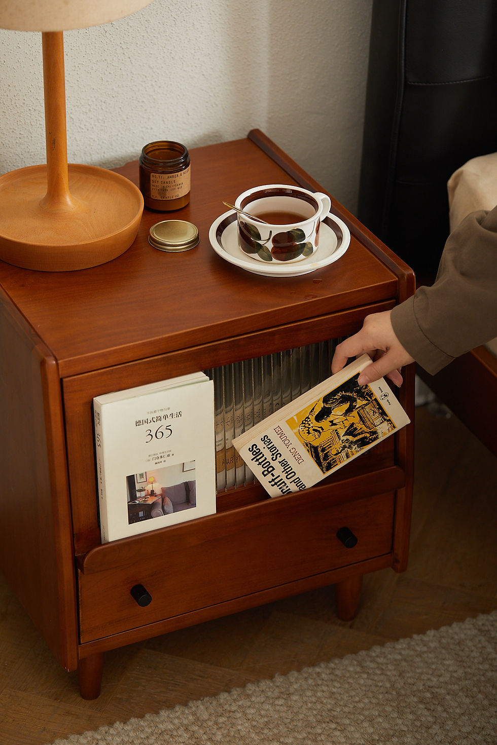 Thumbnail: Easy-access drawer of Kyoto-45 fluted glass bedside table with books