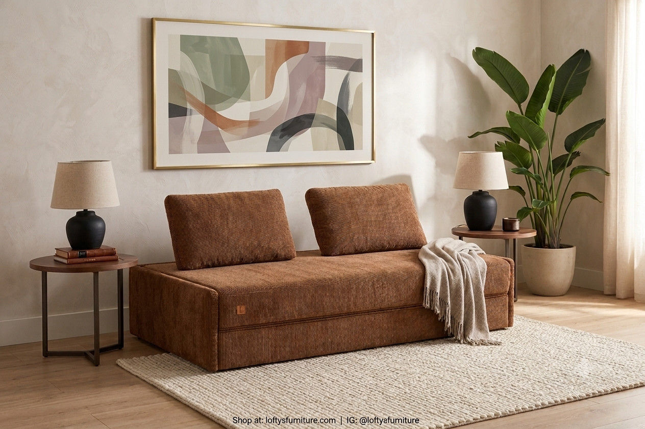 Brighton Sofabed – styled in warm living room with artwork, rug and decor