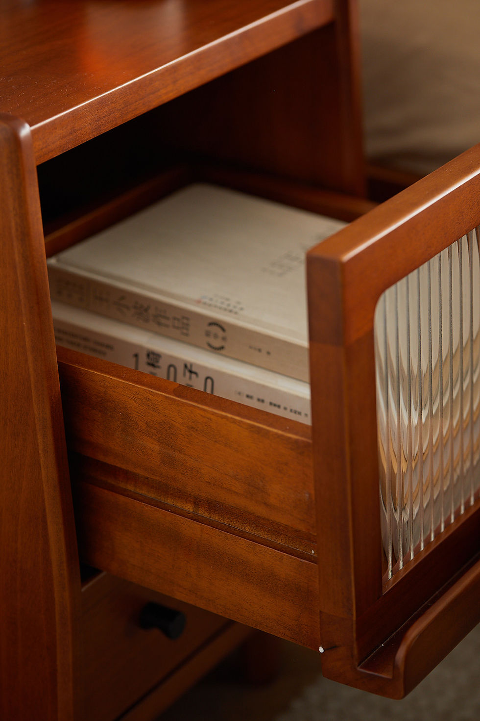 Thumbnail: Open drawer of Kyoto-45 fluted glass bedside table showing storage