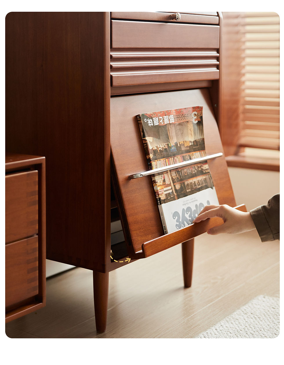 Thumbnail: Jans Compact Bureau – lower flip‑down door open, revealing adjustable shelf and storage space