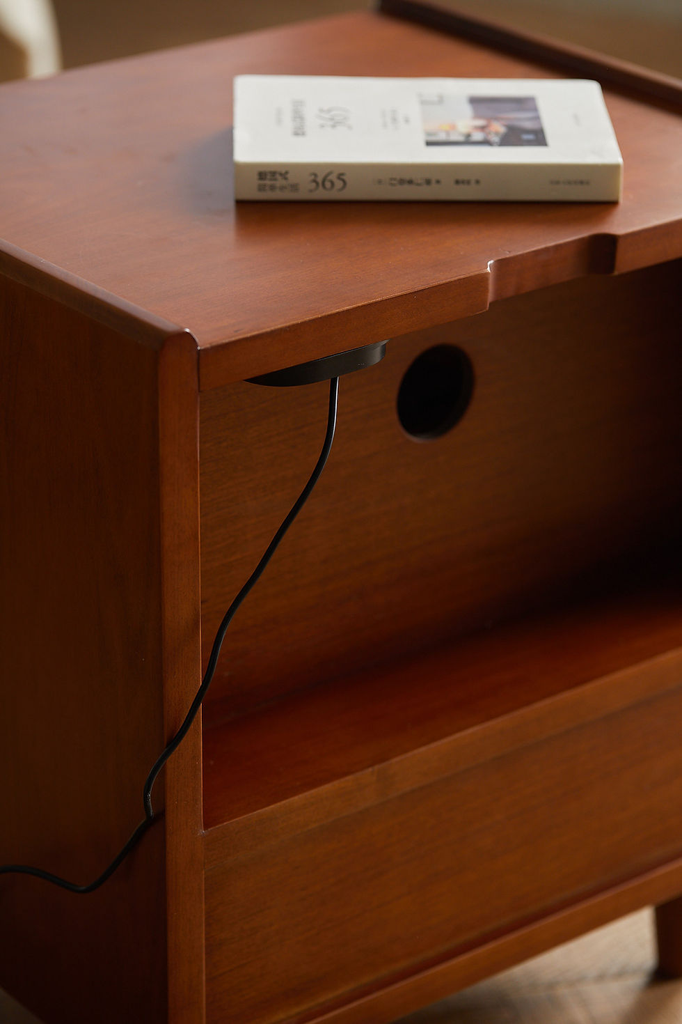 Thumbnail: Kyoto-35 bedside table cable management cut out with lamp wires routed through for tidy cable storage