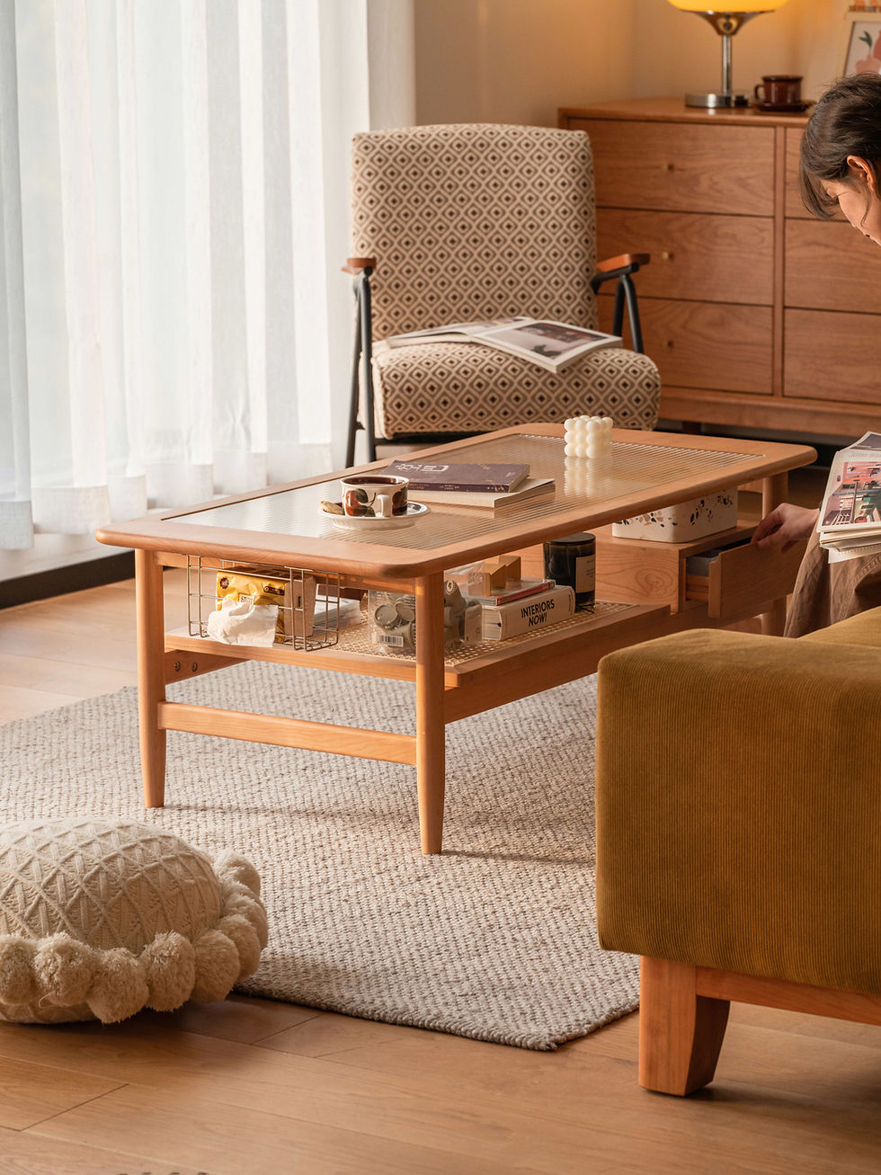 Thumbnail: Hanssen Reeded Coffee Table styled in a warm Japandi living room with a cream sofa, cushions and rug, showing the full profil
