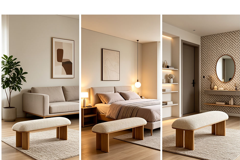Thumbnail: Hana Bench styled at foot of bed — neutral tones, modern organic shape
