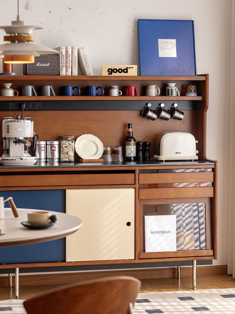 Thumbnail: Nara Hutch Sideboard Coffee Station Blue – full front view fully styled with storage, appliances, books and decor