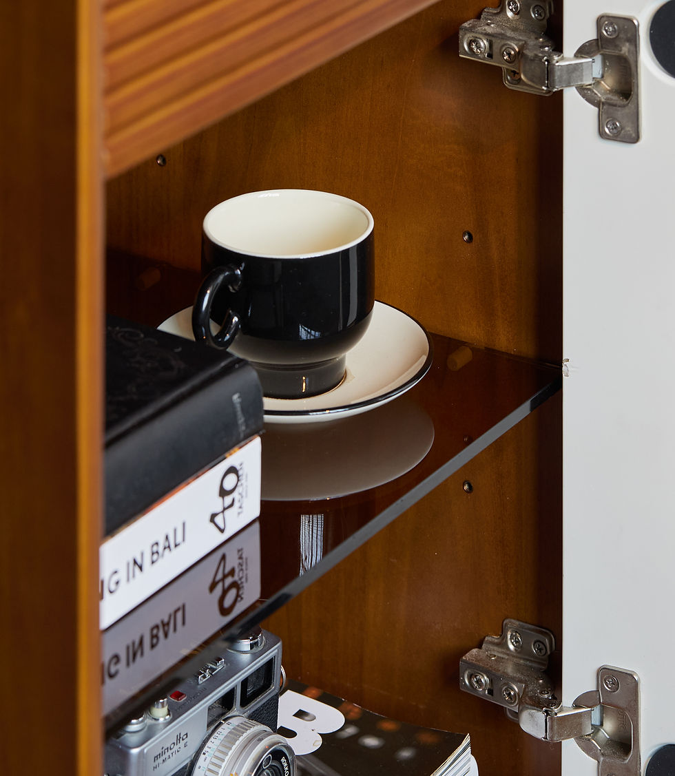Thumbnail: Bauhaus Sintered Stone Top Record Player Stand Storage Cabinet – cream glass door open showing adjustable glass shelf with vi