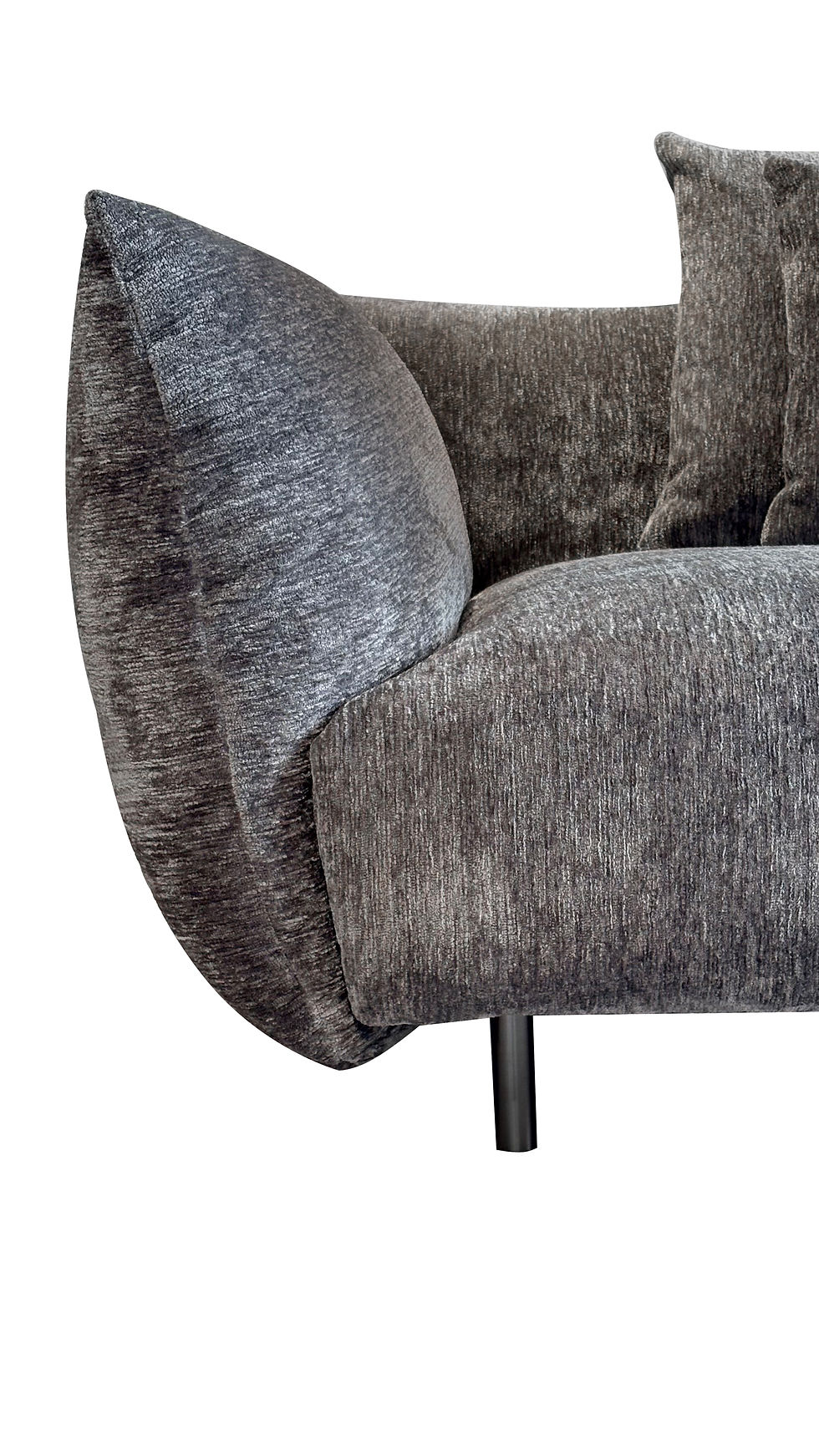 Thumbnail: Close-up detail of Graphite Mottled Chenille fabric texture, curved armrest, and sleek black leg on Sorrento sofa.