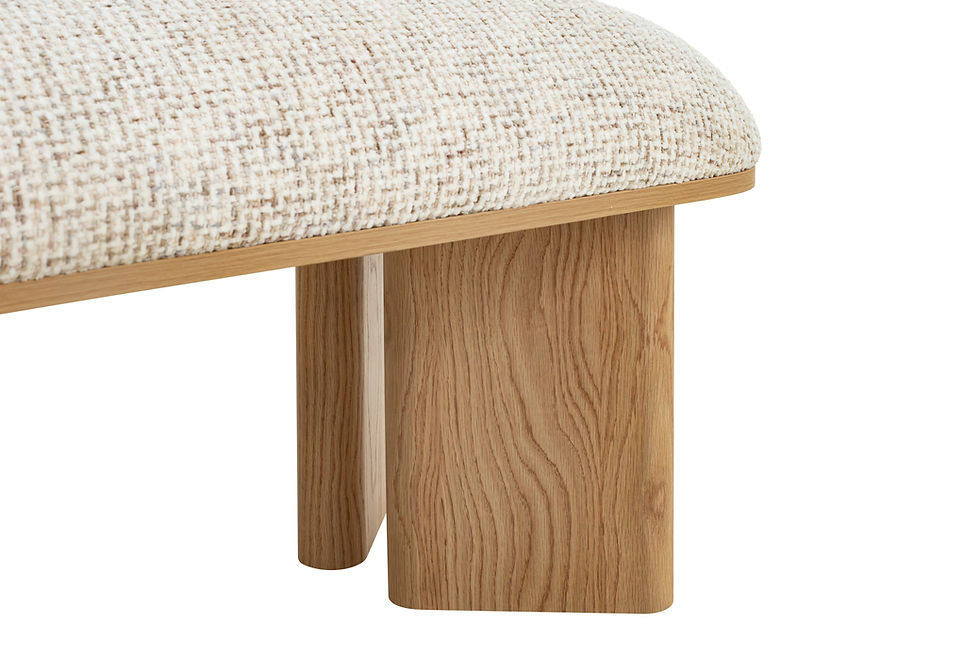 Thumbnail: Close-up of Hana Bench's oat textured fabric upholstery and natural oak veneer leg detail