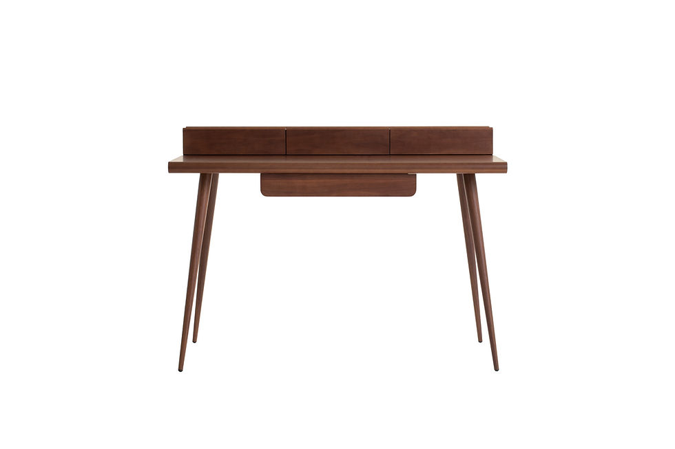 Thumbnail: Coltrane Desk in natural walnut veneer, front view showing drawers and storage shelf