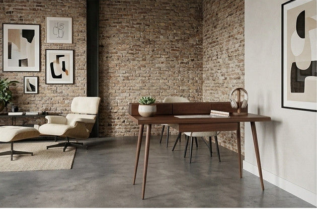 Thumbnail: A medium-wide view of the complete Coltrane Desk (120x55x86.1 cm) set up in a bright home office nook. The full desk, its wal