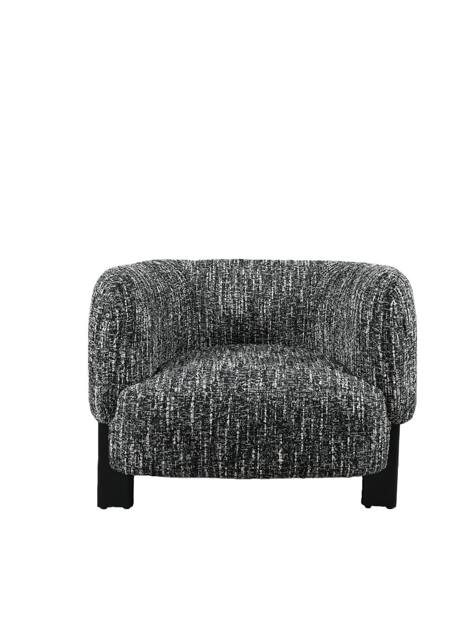 Thumbnail: Front angle view of Cura Club Chair showing textured black and white mono speckle fabric and curved back