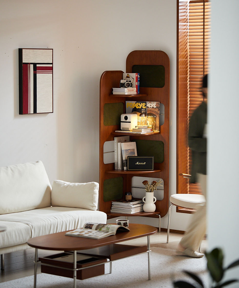 Thumbnail: Orbit Corner Display Shelf in a modern living room next to a white sofa and coffee table