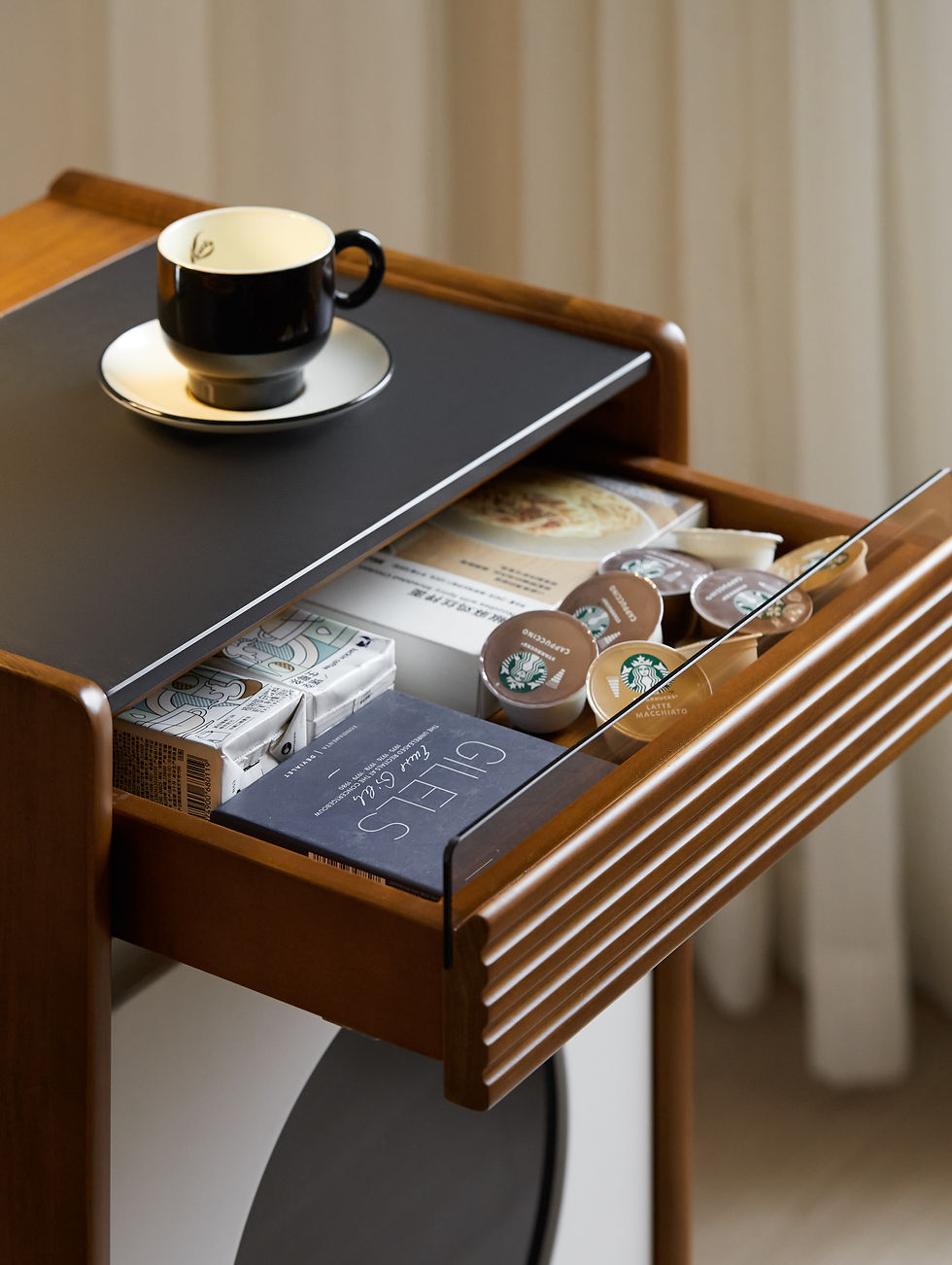 Thumbnail: Bauhaus Sintered Stone Top Record Player Stand Storage Cabinet – flip‑out extension work shelf fully open with coffee cup and