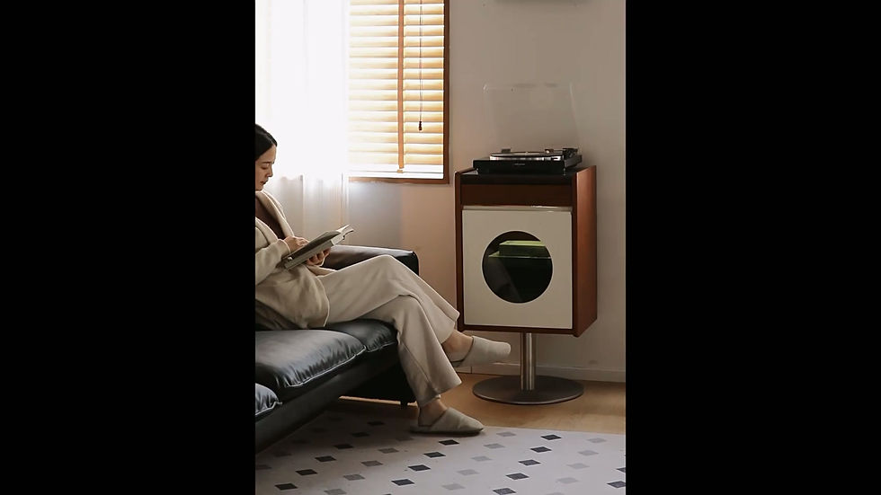 Thumbnail: Bauhaus Sintered Stone Top Record Player Stand Storage Cabinet – lifestyle shot in living room with person relaxing on sofa