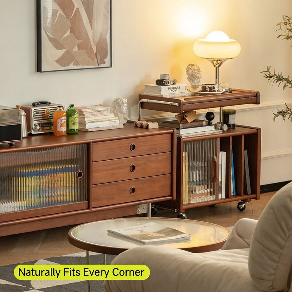 Thumbnail: Kaspar Media Trolley in walnut finish styled in a living room beside a cream sofa, with books, a bust ornament and a table la