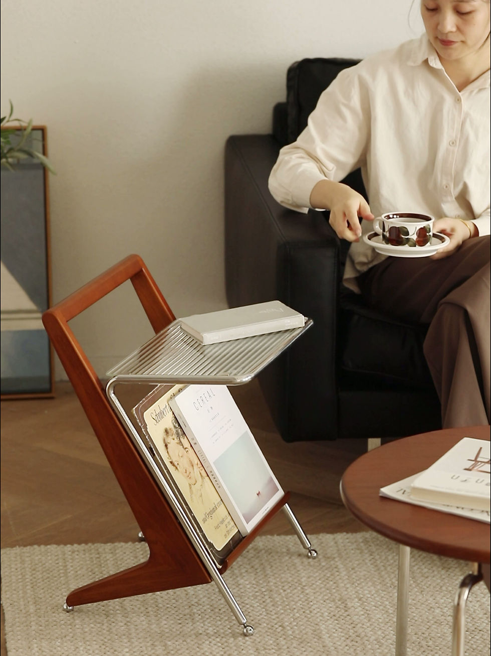 Brera Fluted Glass Side Table – mid-century Japandi design, wooden frame, ribbed glass tray top, magazine rack, used as sofa