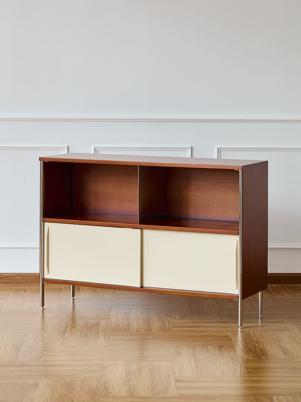 Thumbnail: Freja Modular Sideboard B unit – ash wood frame with cream and green lower cabinet doors