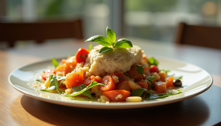 Close-up view of a colorful plate of food untouched on a dining table