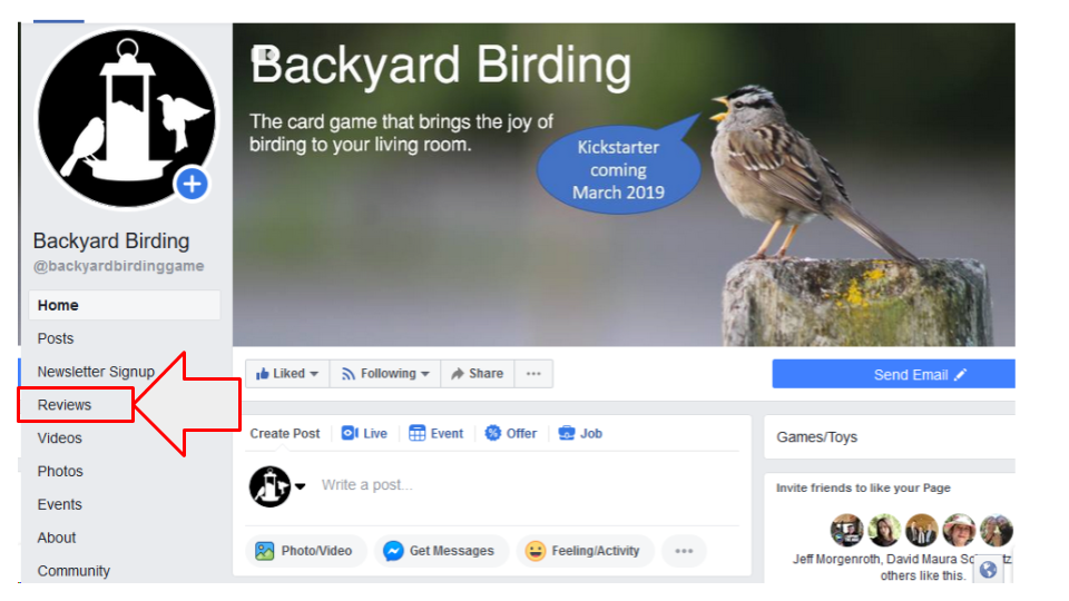 Look for the Review link on the side of our Facebook page on a desktop computer.