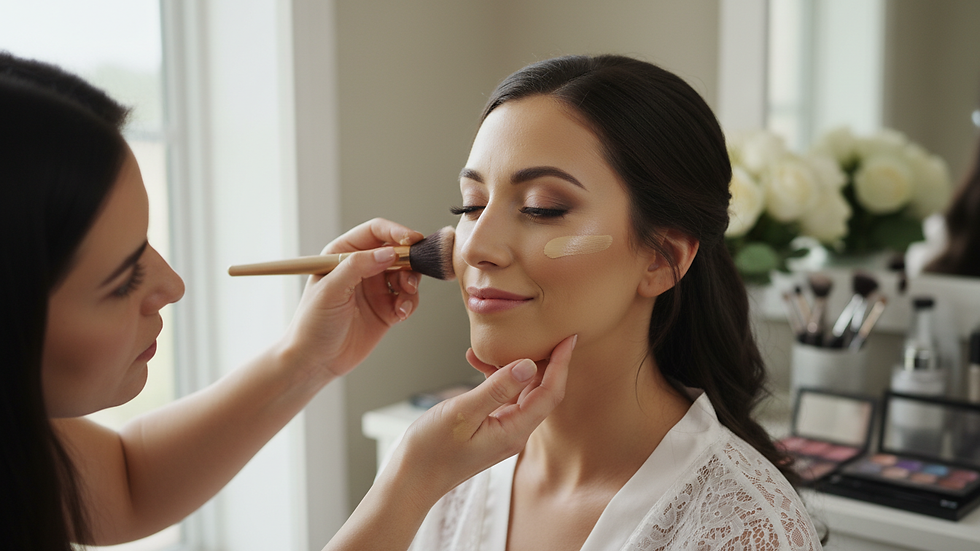 Close-up view of a makeup artist applying foundation on a bride during a trial session