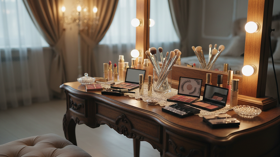 Eye-level view of a makeup artist’s elegant kit arranged neatly on a vanity