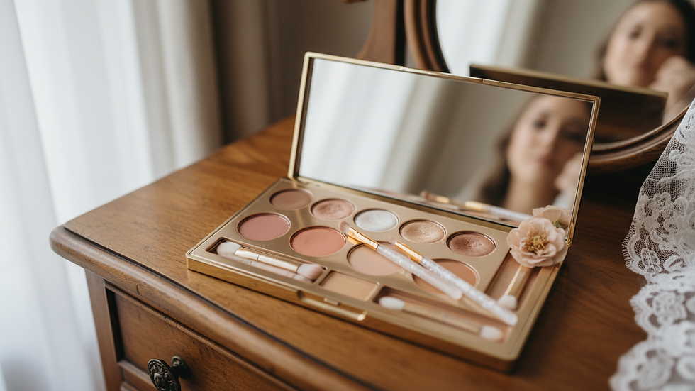 Close-up view of bridal makeup palette with soft, natural tones