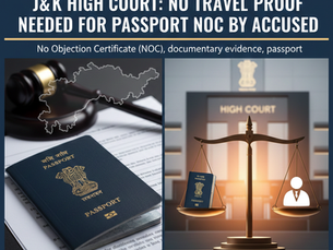 News-style thumbnail showing the Jammu & Kashmir High Court building, an Indian passport in the foreground, and a handcuffed accused near prison bars, with bold headline text reading ‘J&K High Court: No Travel Proof Needed for Passport NOC by Accused