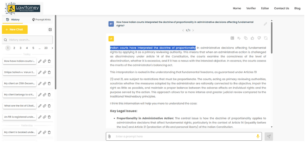 Screenshot of an AI-powered legal research prompt in the Lawttorney tool, demonstrating how AI in legal research helps users explore the doctrine of proportionality in Indian administrative law through AI-generated case law insights and relevant judicial precedents.