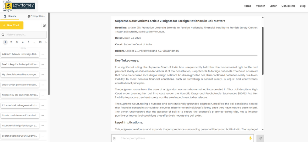 Screenshot of a Lawttorney AI search prompt showing the query: “Supreme Court ruling Article 21 foreigners bail NDPS case solvent surety.” The interface displays legal search results related to Article 21 rights for foreigners, bail relief under the NDPS Act, and Supreme Court observations on solvent surety and personal liberty.